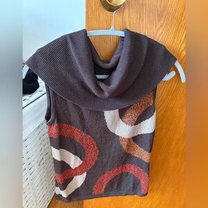 Sleeveless Brown Cowl Neck Sweater with Retro Circle Pattern